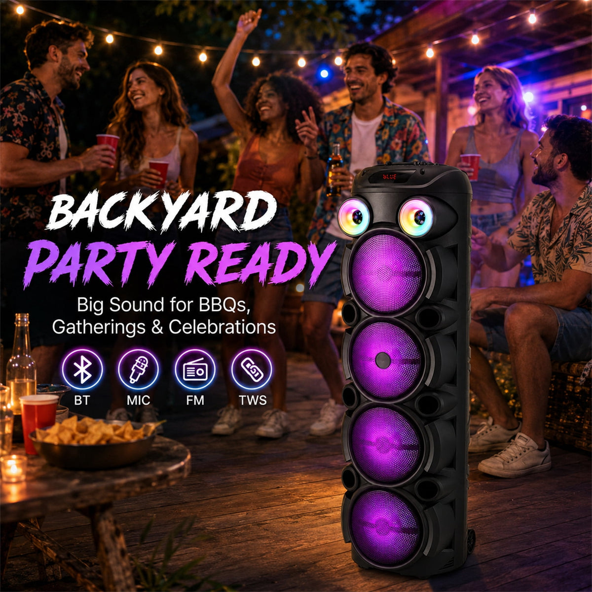 Lohoms Triple 8" Bluetooth Party Speaker, Portable Karaoke Machine & Outdoor PA Sound System with Powerful Stereo Sound, LED Lights, Wireless Mic, TWS Pairing, FM, USB, TF & AUX