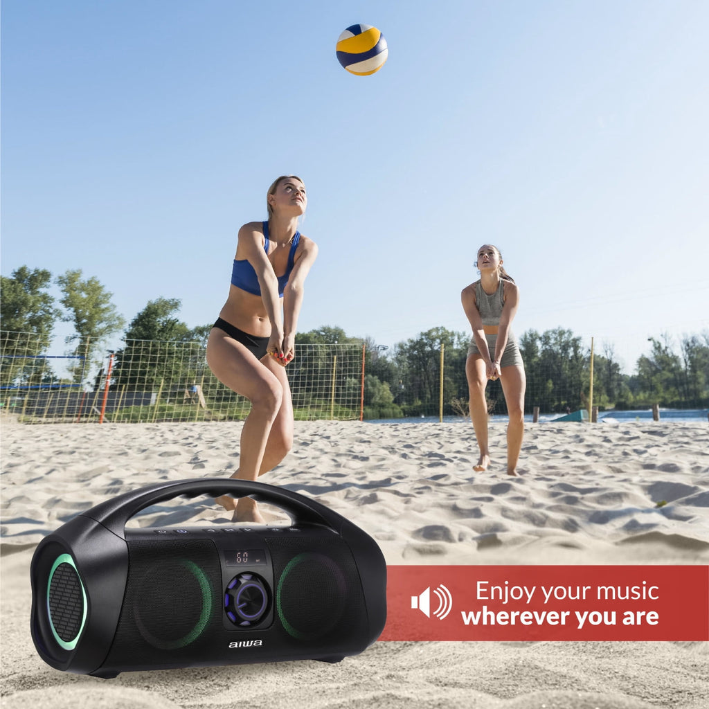 Aiwa Wireless Boombox Bluetooth Speaker, 120W Peak Power, IPX7 Waterproof, 15Hr Playtime, 7 LED Light Modes, USB-C Fast Charging, True Wireless Pairing, Outdoor & Party Speaker