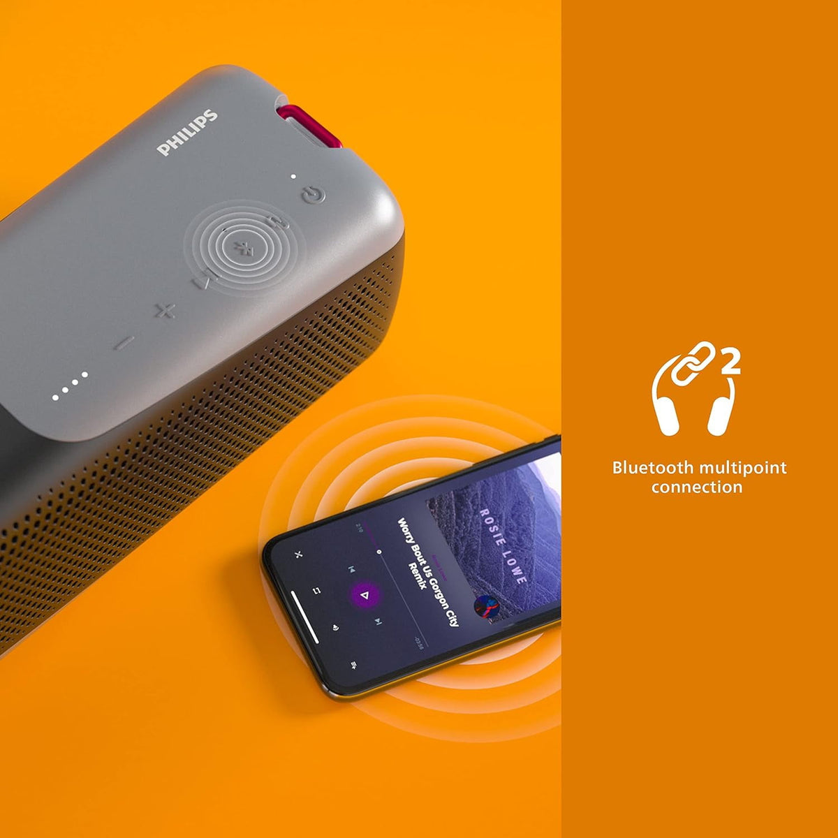 PHILIPS S7807 Wireless Bluetooth Speaker, 7000 Series - 40W Output, IP67 Waterproof, 24-Hour Playtime, Portable with Built-in Microphone, Voice Assistant, USB-C, and Power Bank, Black