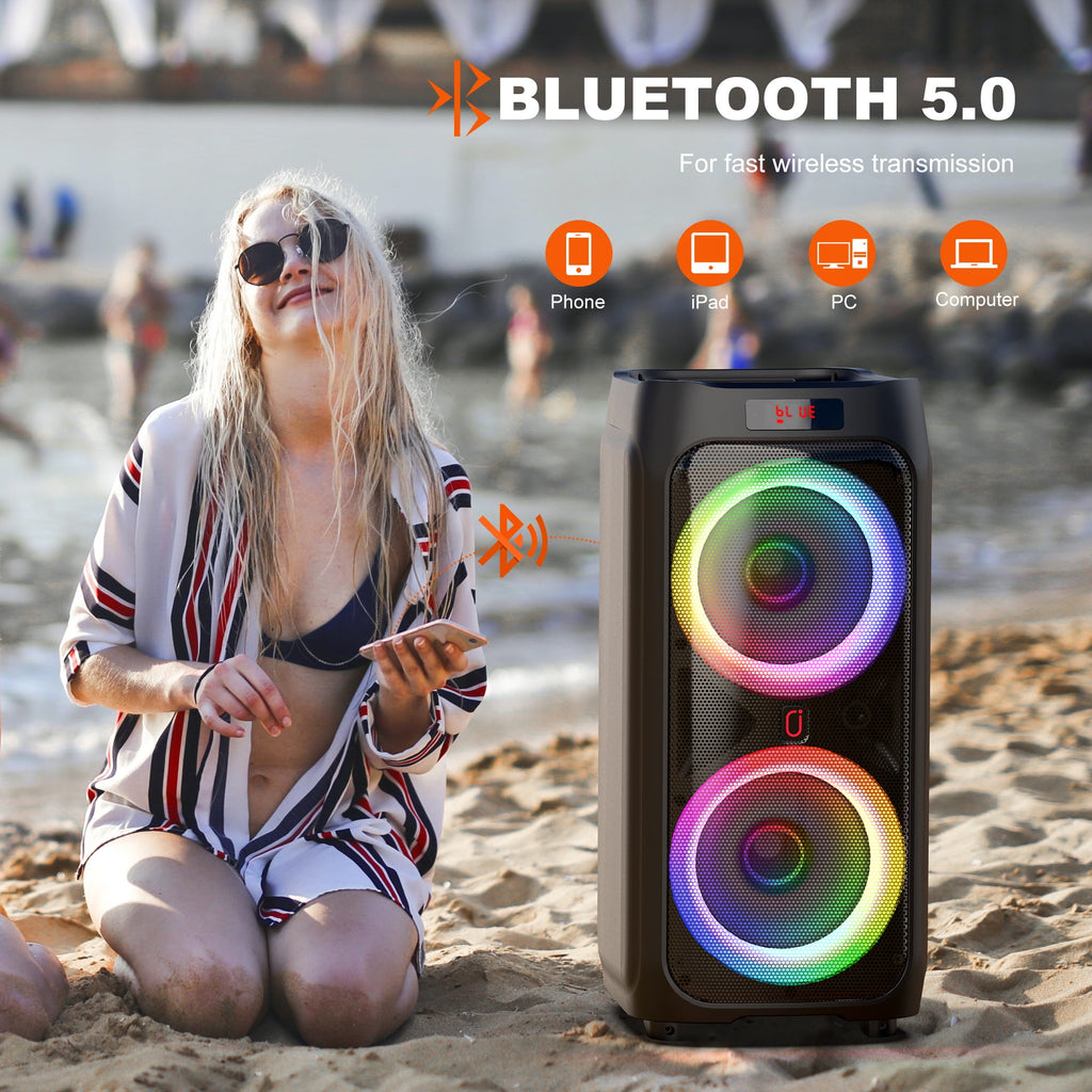 FanFun Portable Bluetooth Speaker with Microphones, Party Speaker with Lights, Remote Control, Powerful Loudspeaker, AUX Input, FM, REC