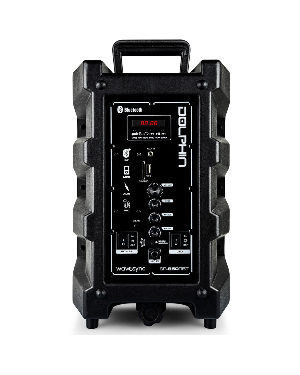 Dolphin SP-850RBT 8-in Portable Bluetooth Party Speaker with Mic, Lights, FM Radio, USB, Rechargeable Battery