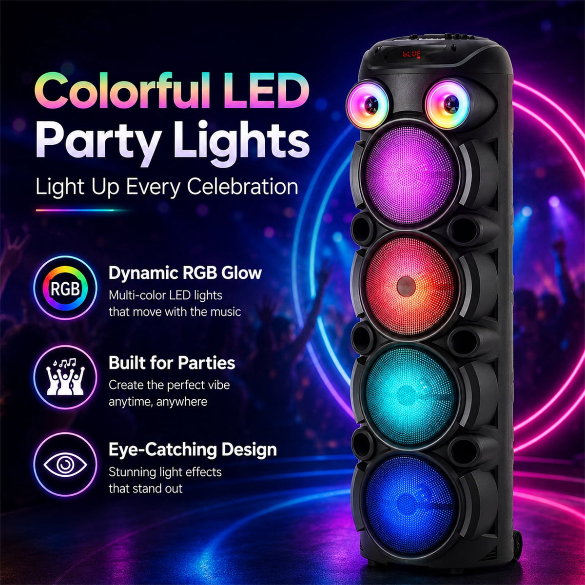 Lohoms Triple 8" Bluetooth Party Speaker, Portable Karaoke Machine & Outdoor PA Sound System with Powerful Stereo Sound, LED Lights, Wireless Mic, TWS Pairing, FM, USB, TF & AUX