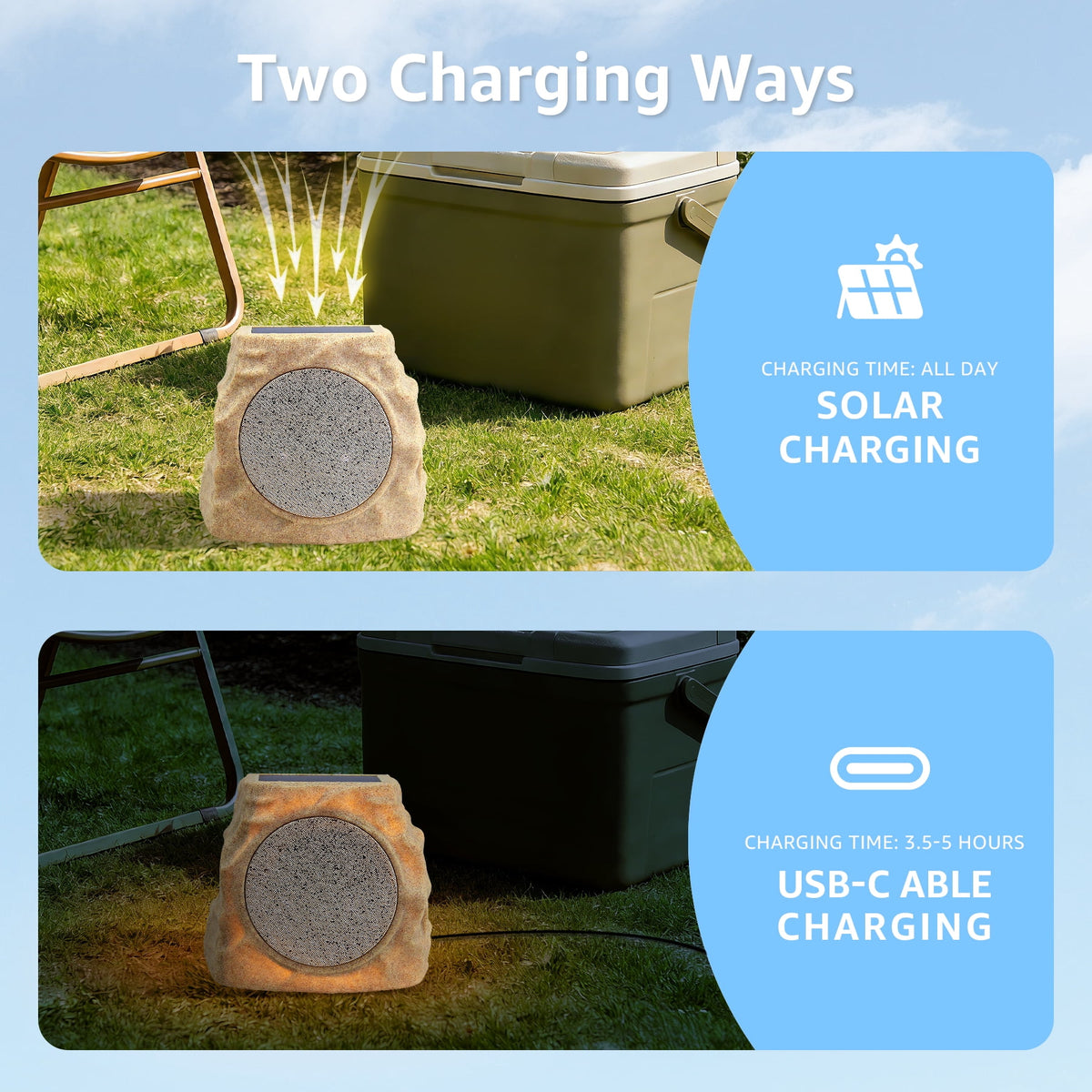 NiceBuy Outdoor Waterproof Solar Powered Bluetooth Rock Speakers with TWS Pairing and RGB Lights, 2 Pack