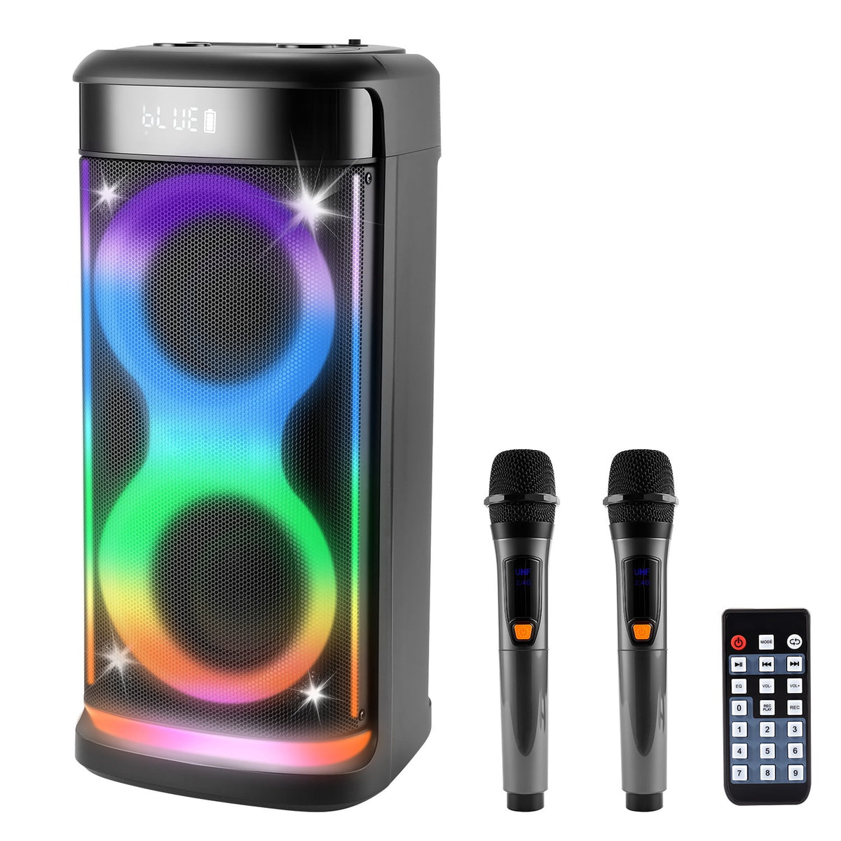 Imountek Portable Wireless Party Speaker with LED Lights, Wireless Mic, Remote, TWS, FM Radio, 10H Playtime, IPX6