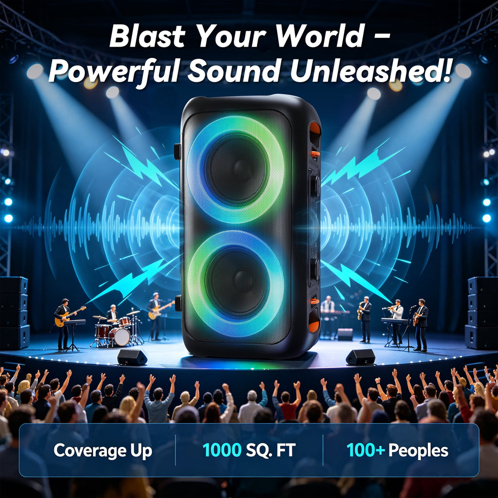 FRESHDEW Big Bluetooth Speakers with Microphone, Outdoor Party Speaker with Tws and EQ Control Aux Usb