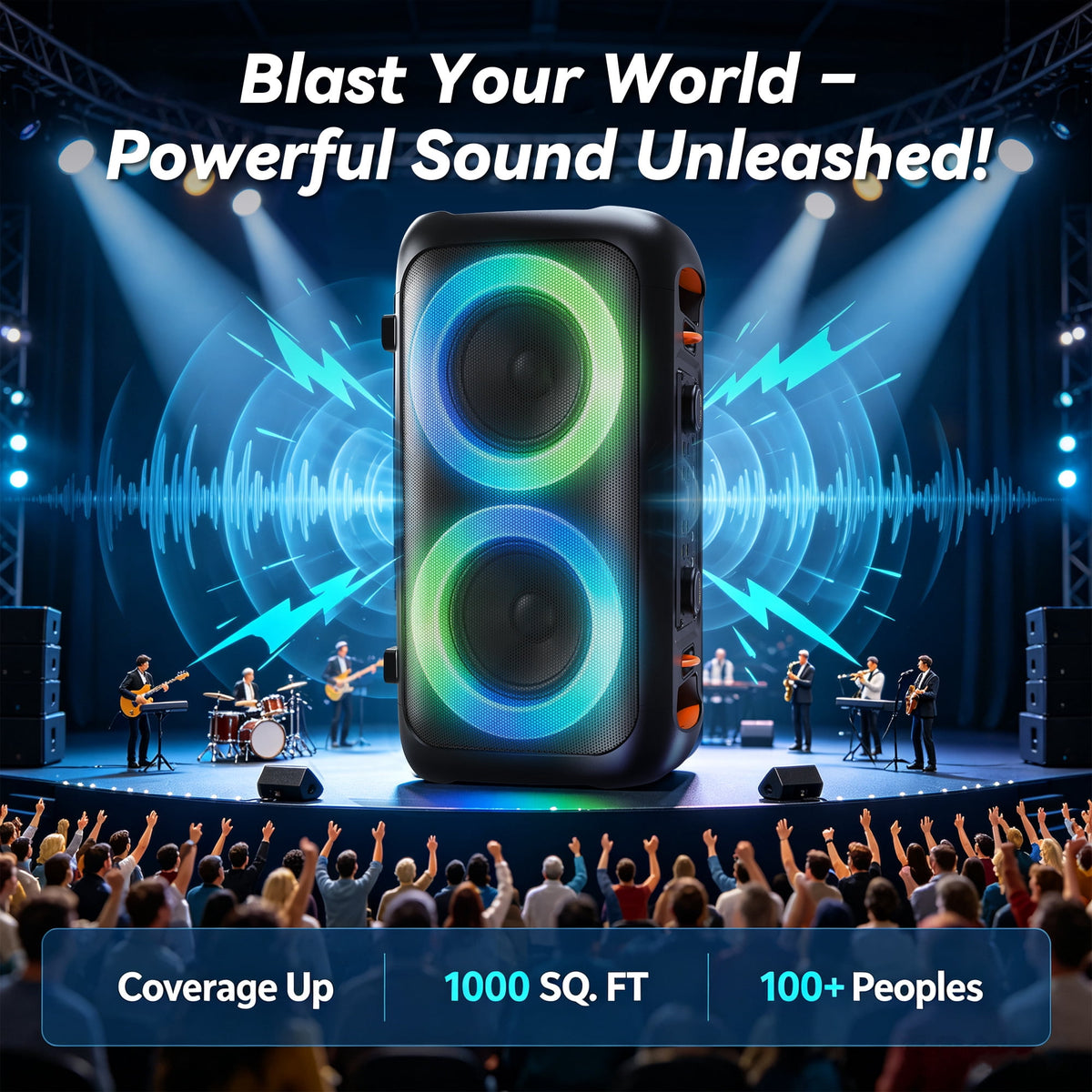 FRESHDEW Big Bluetooth Speakers with Microphone, Outdoor Party Speaker with Tws and EQ Control Aux Usb