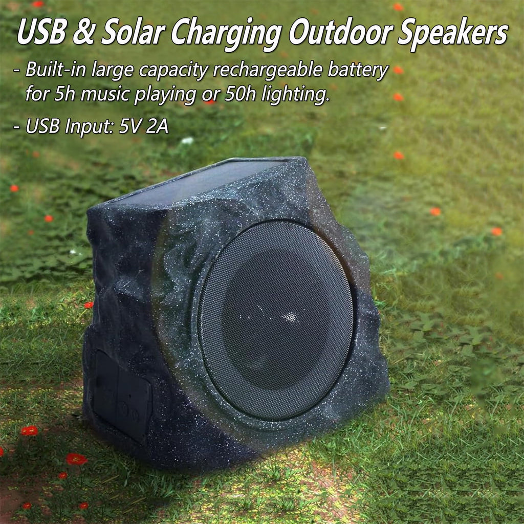 Postlucky 2 Pack Outdoor Solar Rock Speakers, Bluetooth, TWS Pairing, RGB LED Flashing, USB Charging, Waterproof, 7.3" Gray