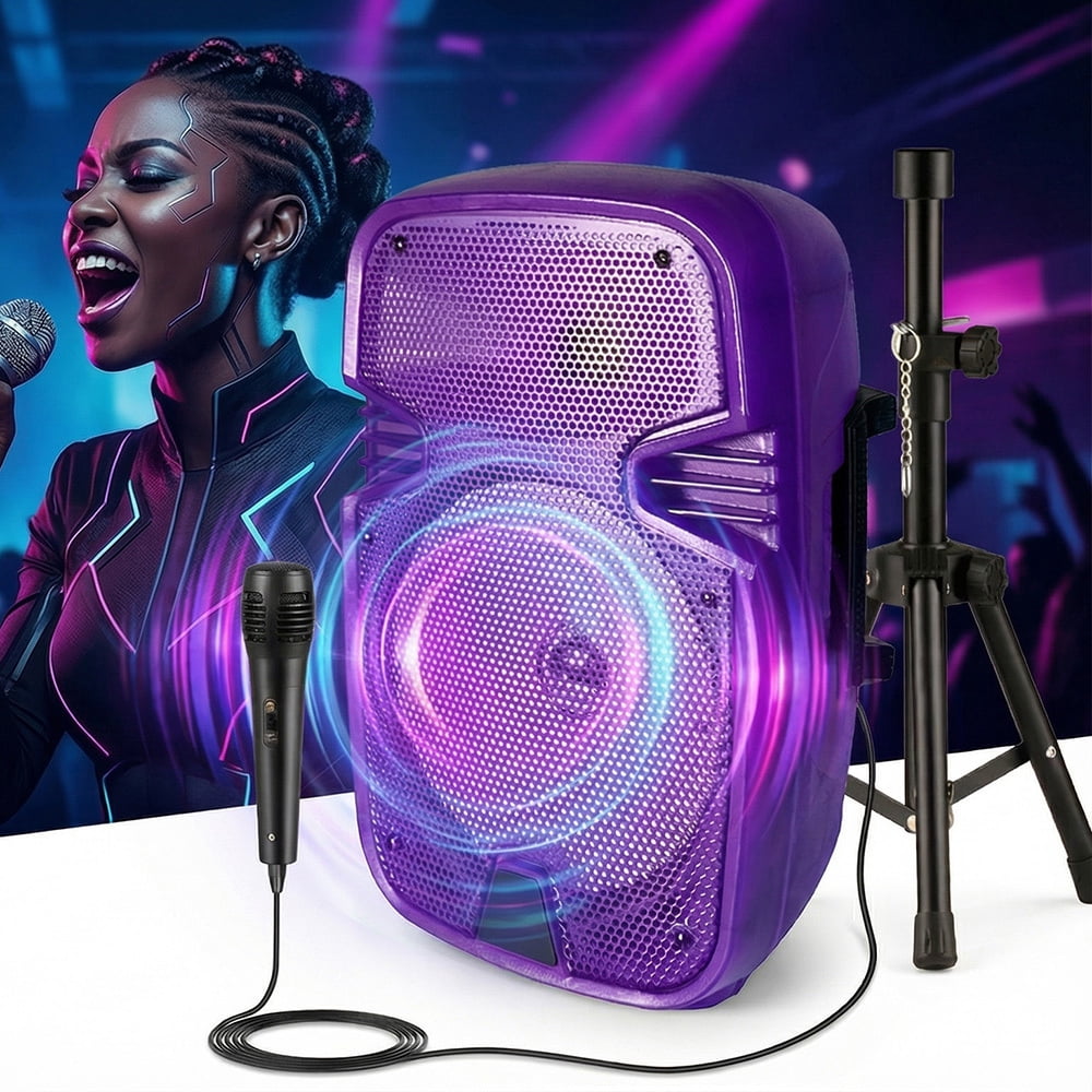 Portable BT Wireless Party Speaker with Translucent Light & Stand - Choose 8" (5 Colors) or 12", Includes Wired Mic, Remote, TWS, BT ConnectionUSB/TF/FM for Karaoke & Outdoor