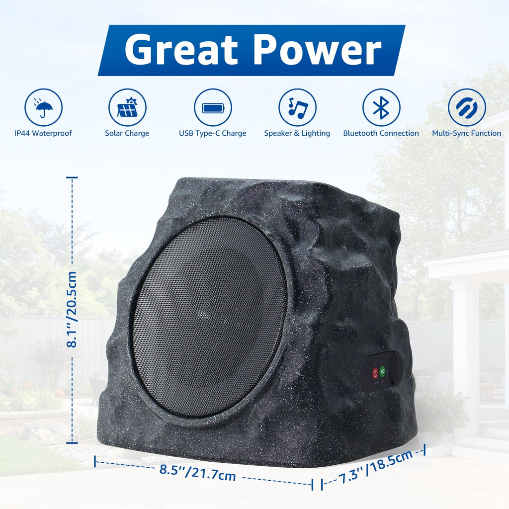 NiceBuy Outdoor Waterproof Solar Powered Bluetooth Rock Speakers with TWS Pairing and RGB Lights, 2 Pack