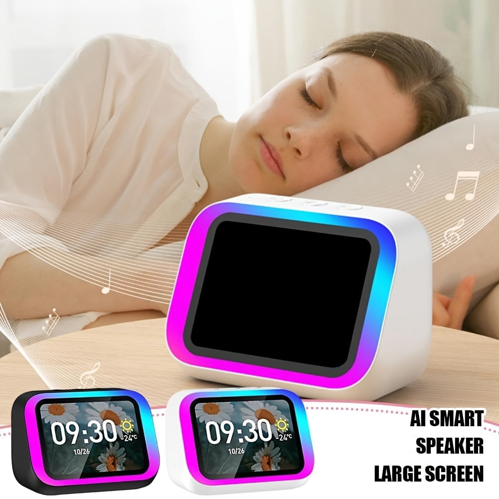 Smart Alarm Clock with Wireless Speaker, AI Voice Assistant, HD Display, RGB Light, Call Function, Stereo Sound, Period Tracker, 2000mAh Battery, Portable Bedside Digital Clock