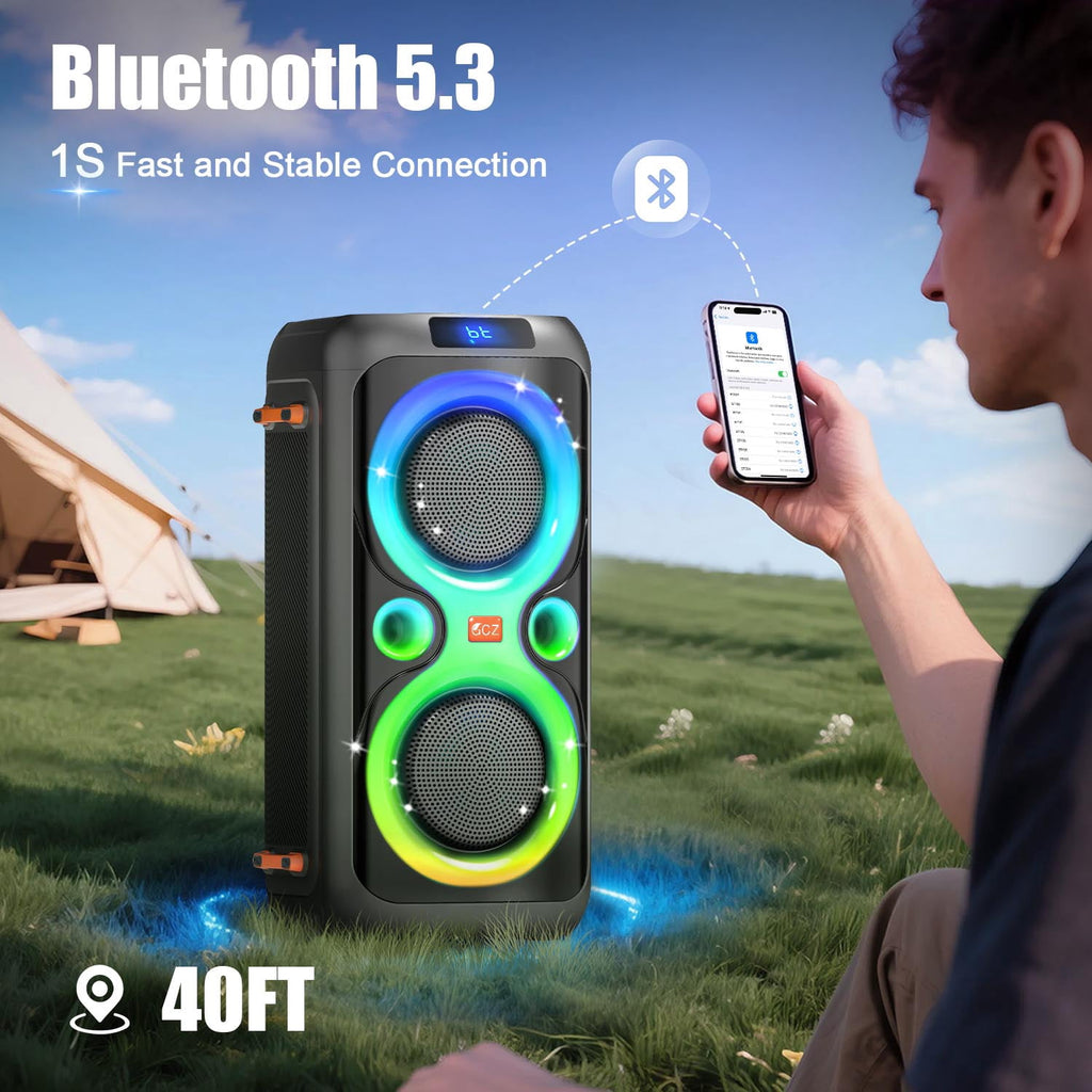 Party Bluetooth Speakers with Bass, 160W Big Speakers with Lights Microphone Input and Long Lasting Battery