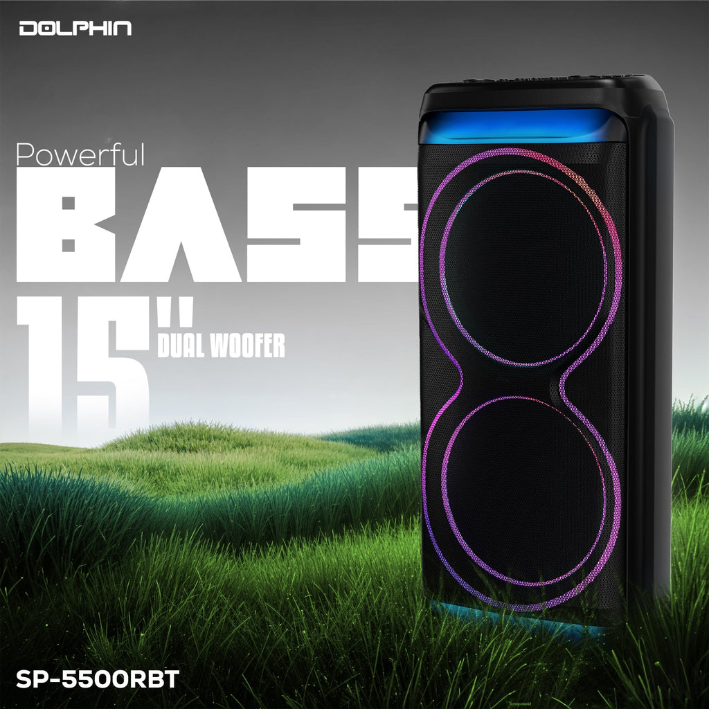 Dolphin SP-5500RBT High-Powered Bluetooth Speaker with X-BASS, Dual 15" Woofers, 100W RMS, TWS, LED Lights, Rechargeable Battery, Karaoke Mic, Ultra-Loud Party Speaker