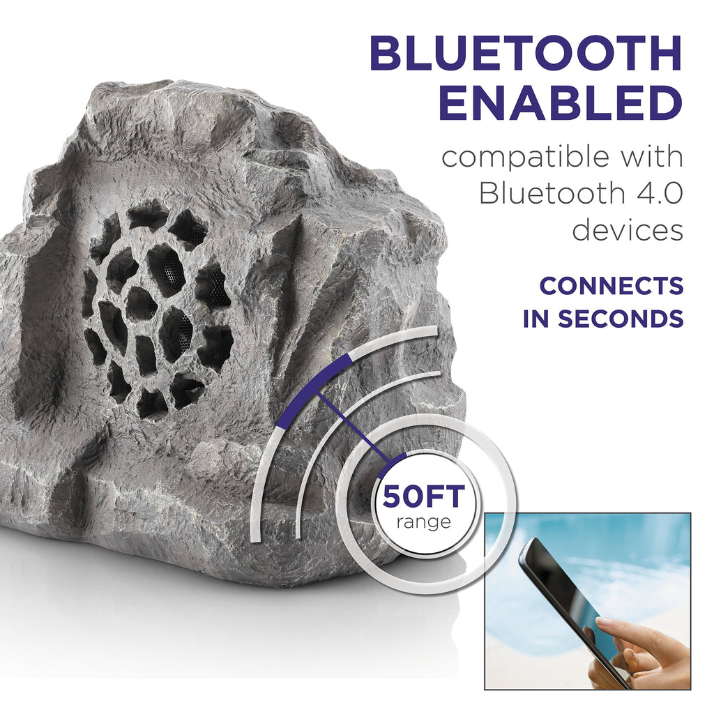 Alpine Corporation QLP542SLR-BR 11-in H Waterproof Bluetooth Solar-Powered Outdoor Rock Speaker – Wireless Portable Audio System with 50-ft Range, High-Fidelity Sound, Brown