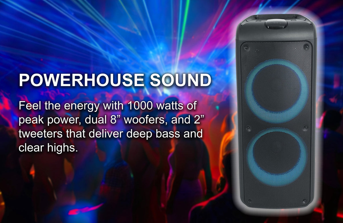 Rockville Rock Party 9 Dual 8" Portable Bluetooth Speaker, 1000W, LED, Karaoke