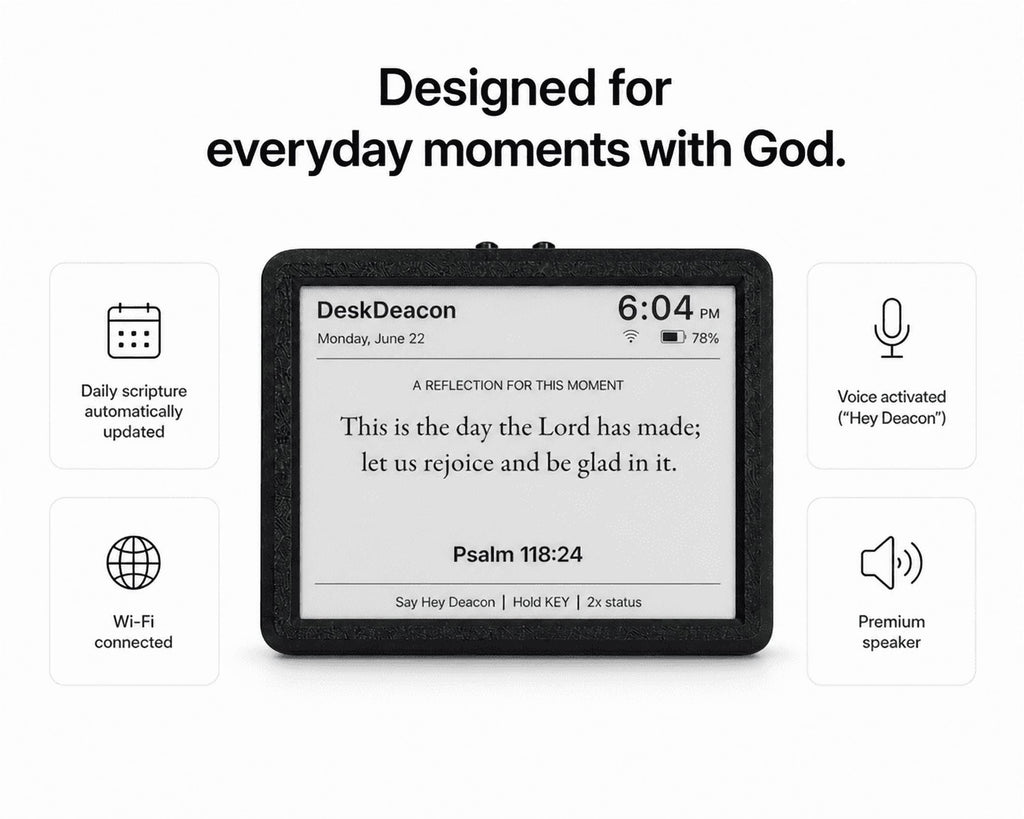 Desk Deacon™ – Christian Desk Robot Companion for Daily Scripture, Personalized Prayer, Christian Music & Bible Study | Smart Speaker | Voice-Activated Dedicated Faith Device | Wi-Fi Enabled