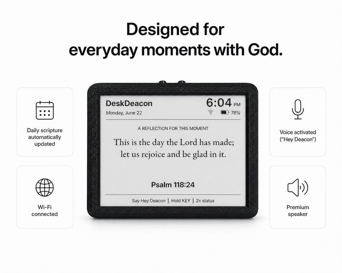 Desk Deacon™ – Christian Desk Robot Companion for Daily Scripture, Personalized Prayer, Christian Music & Bible Study | Smart Speaker | Voice-Activated Dedicated Faith Device | Wi-Fi Enabled