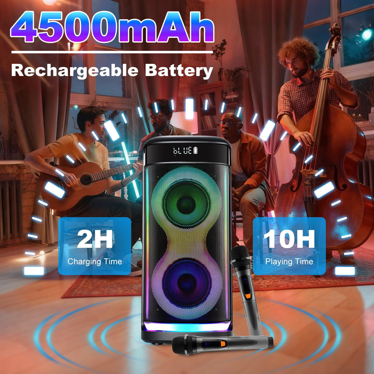 Imountek Portable Wireless Party Speaker with LED Lights, Wireless Mic, Remote, TWS, FM Radio, 10H Playtime, IPX6