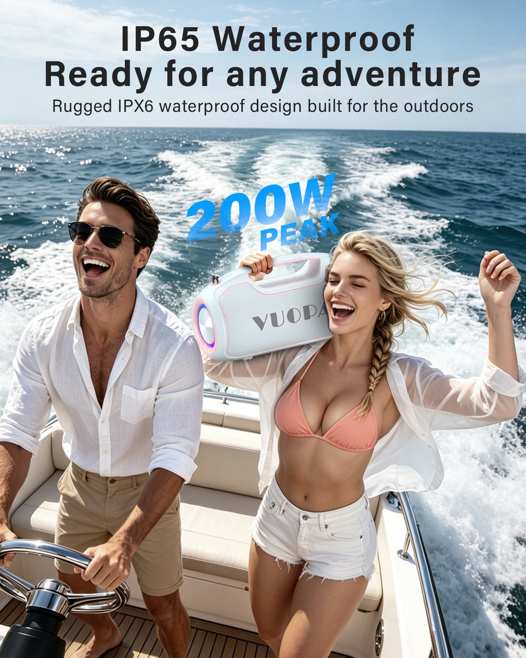 Upgrade Portable Bluetooth Speakers Wireless, 200W PEAK Loud Outdoor Speaker with Deep Bass, IP65 Waterproof, BT5.4, USB-C, RGB Lights, for Party, Camping, Beach, Large Workshop, Garage, 24H Playtime