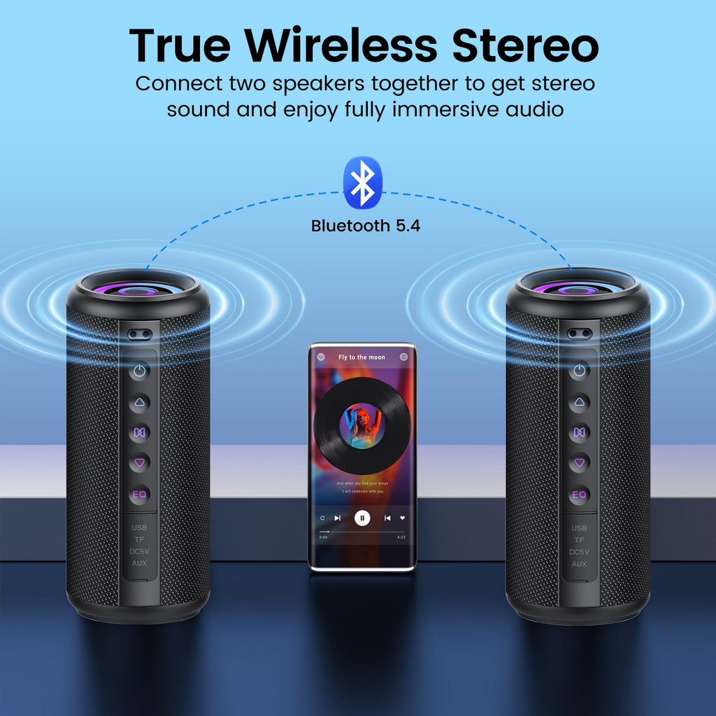 Portable Bluetooth Speaker, Bluetooth 5.4 Wireless Speaker, IPX7 Waterproof Outdoor Speaker with RGB Party Lights, 20W Stereo Sound, 20H Playtime, TWS Pairing for Camping, Beach, Home Party