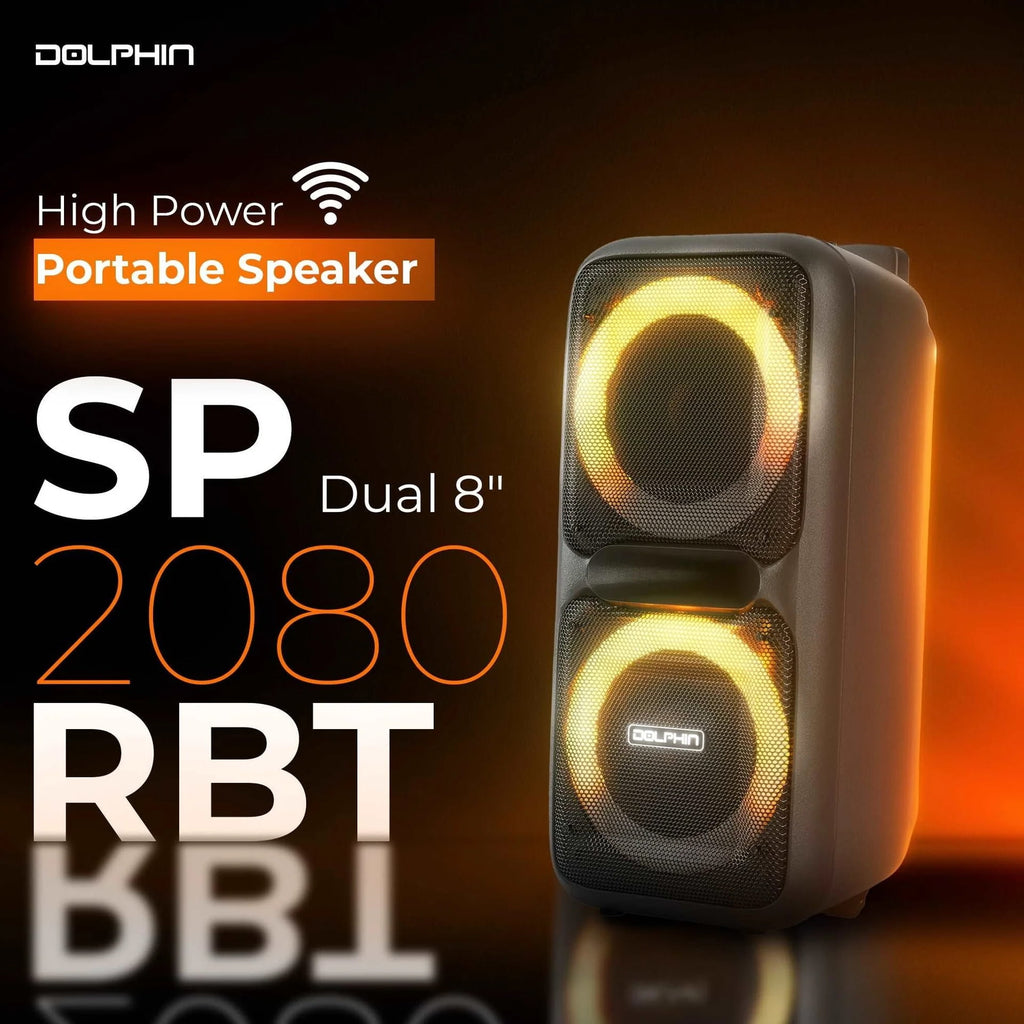 Dolphin SP-2080RBT Bluetooth Speaker - High Power Portable, Wireless Microphone, Deep Bass, LED Lights, USB/SD Card, Rechargeable Long Lasting Battery