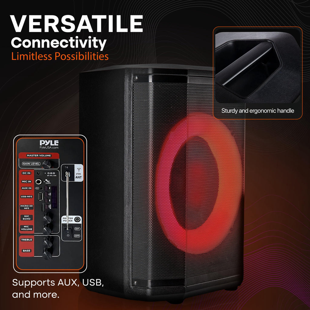 Pyle Portable Bluetooth Speaker with 8" Inch Woofer, TWS Function, Mic Input, USB/Micro SD/FM Radio, Colorful Ring Lights, 120W Rechargeable Battery, Tripod Stand, Hi-Fi Sound, Indoor/Outdoor Use