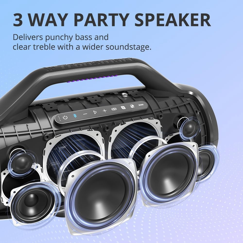 Tronsmart Bang Max 130W Bluetooth Party Speaker, IPX6 Waterproof, 24-Hour Battery, Custom EQ & Light Show, Bass boost, Sync 100+ Units Outdoor Portable Wireless Speaker for DJ & Poolside