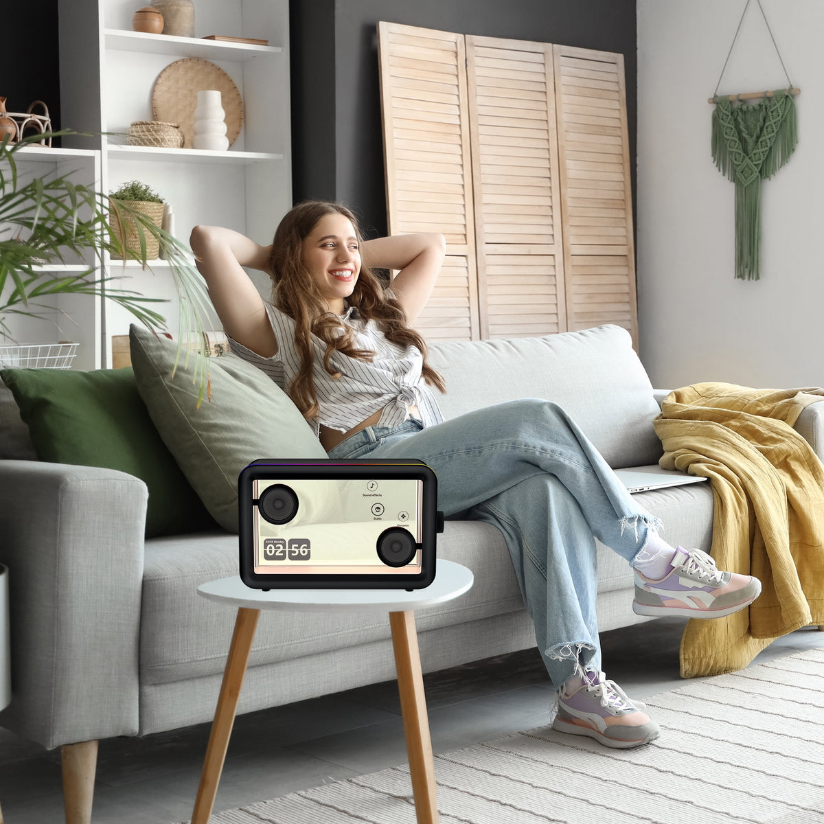 BESTSKI Bluetooth Speaker,with HD sound Hi-Fi Soundbar Speaker and Transparent Glass Screen, Dynamic Floating Lyrics, Digital Frame Function, LED Light Show,2.4G Wifi - Black