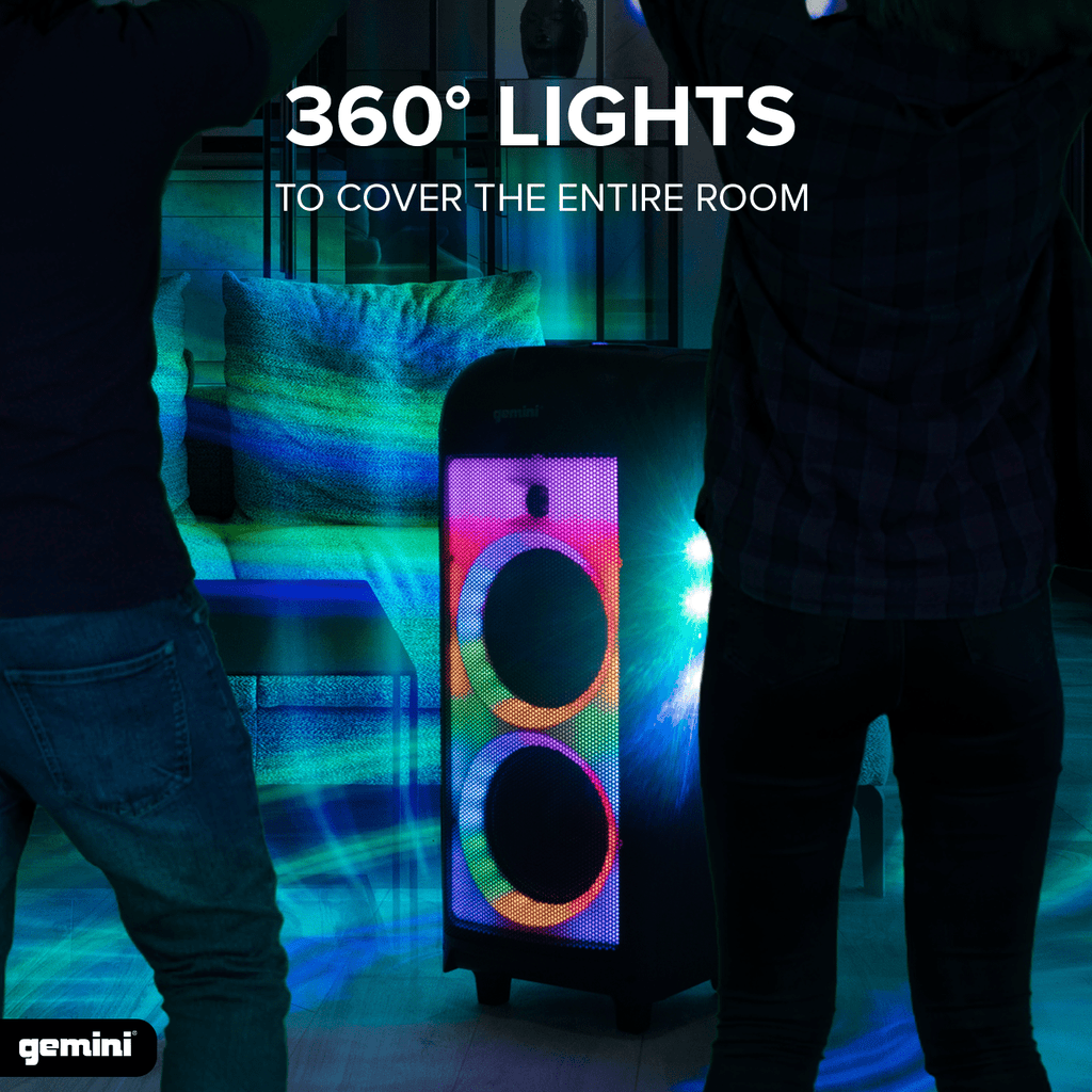 Gemini GPLT-360 Portable Bluetooth Party Speaker with 360° LED Lights, 1000W Peak Power, Wireless Mic & Guitar Inputs, TWS Pairing, 4+ Hour Battery - Ultimate Party Sound System
