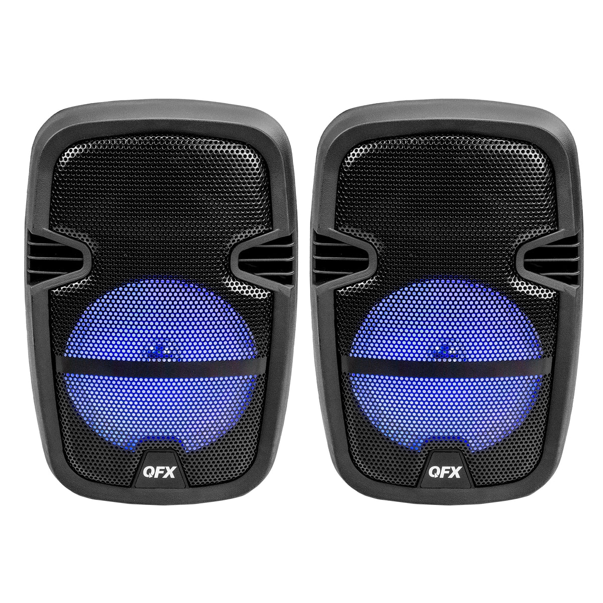 QFX PBX-808TWS Dual 8-Inch Portable Bluetooth PA Speaker System with Stands, Wired Mics, Remotes, USB/FM/TWS/LED