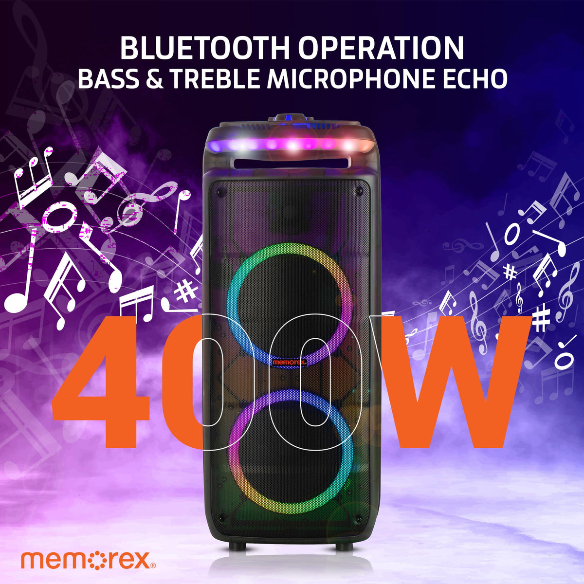 Memorex MX-PS821 Twin 8” Rechargeable Party Speaker | Bluetooth 5.0, LED Lighting, 40W RMS, 400W PMPO | TWS Pairing, Microphone Input, SD/USB/FM Radio | 25H Battery Life | Portable Wireless Speaker