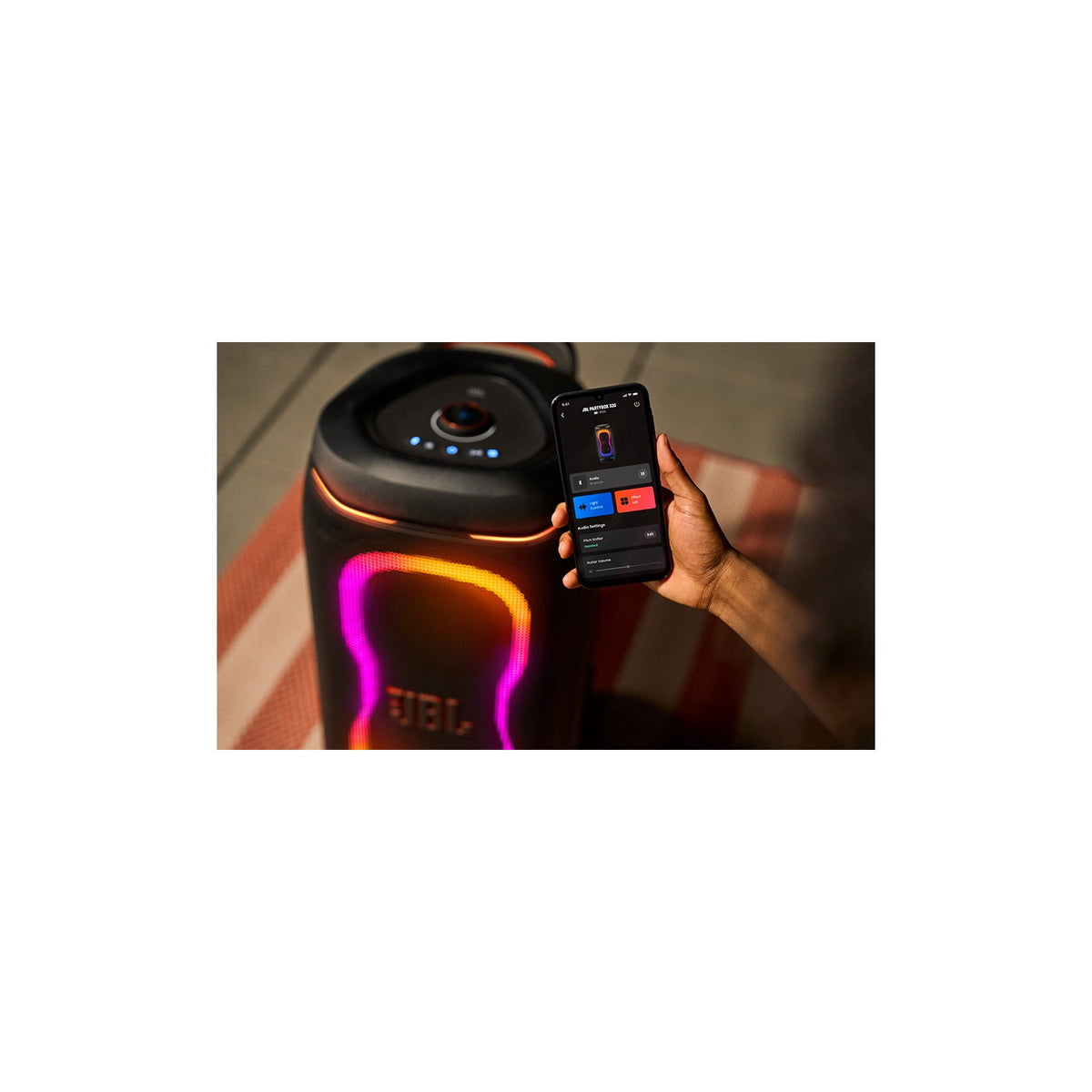 JBL PartyBox 330 - Portable party speaker with JBL legendary sound, futuristic lighting, a telescopic handle and wide wheels. - Black