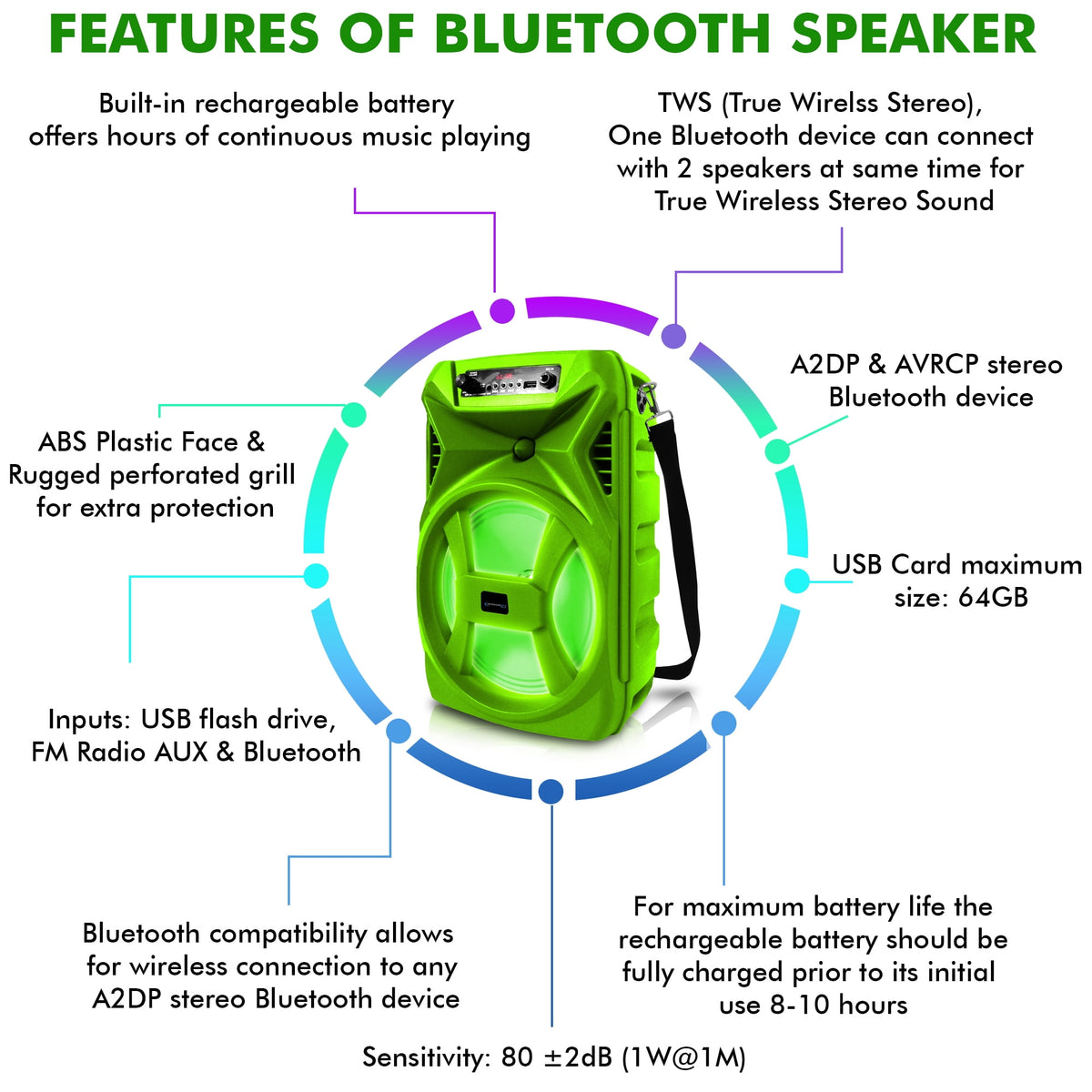 Technical Pro 8" Portable 500 Watts Bluetooth Speaker with Woofer and Tweeter, Festival PA LED Speaker, USB Card Input & True Wireless Stereo