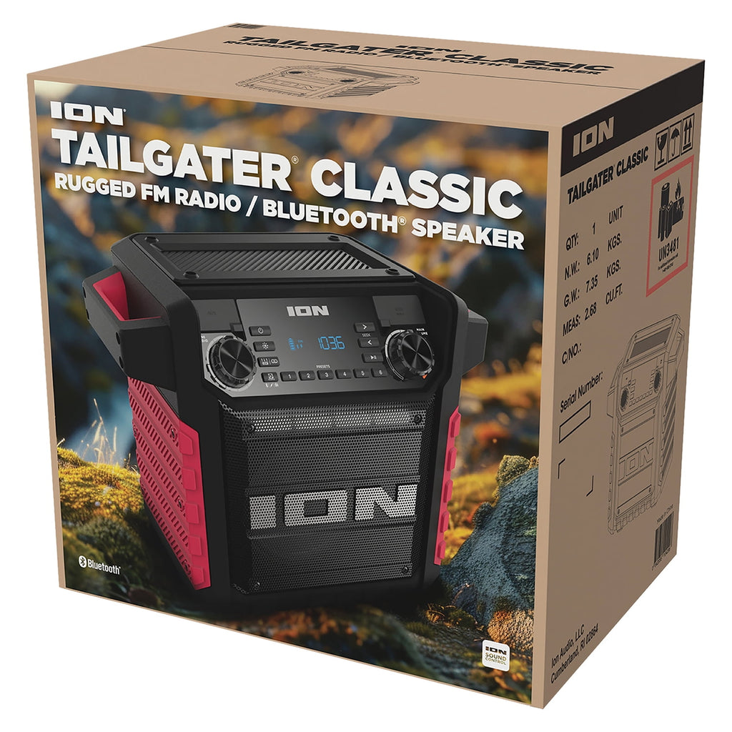 ION 22-Watt-RMS Tailgater Classic Portable Bluetooth Rechargeable Speaker with Link 2, FM, Light, IPX5, up to 15 Hours Play Time , Black/Red