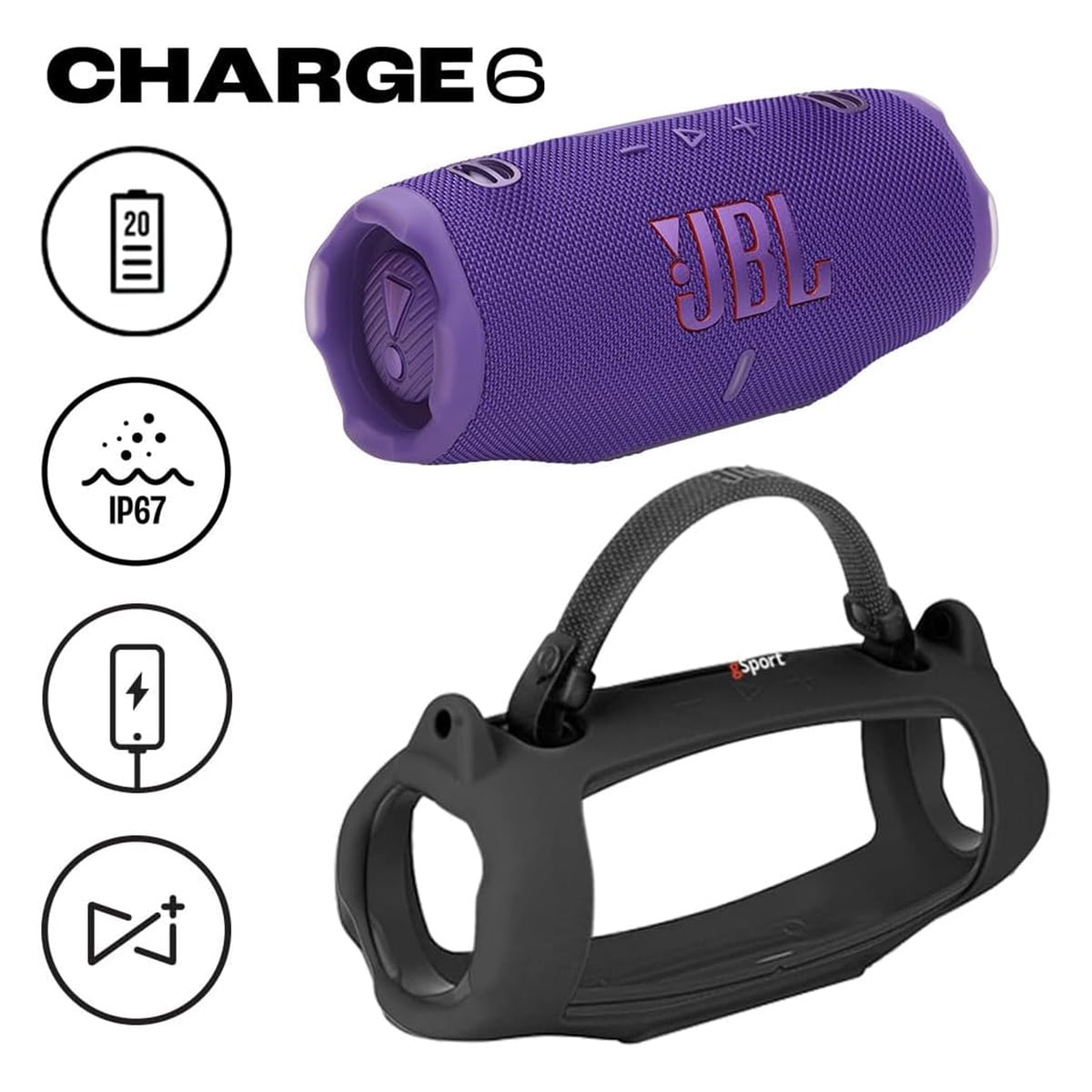 JBL Charge 6 Waterproof Portable Speaker Bundle with gSport Silicone Sleeve (Black)