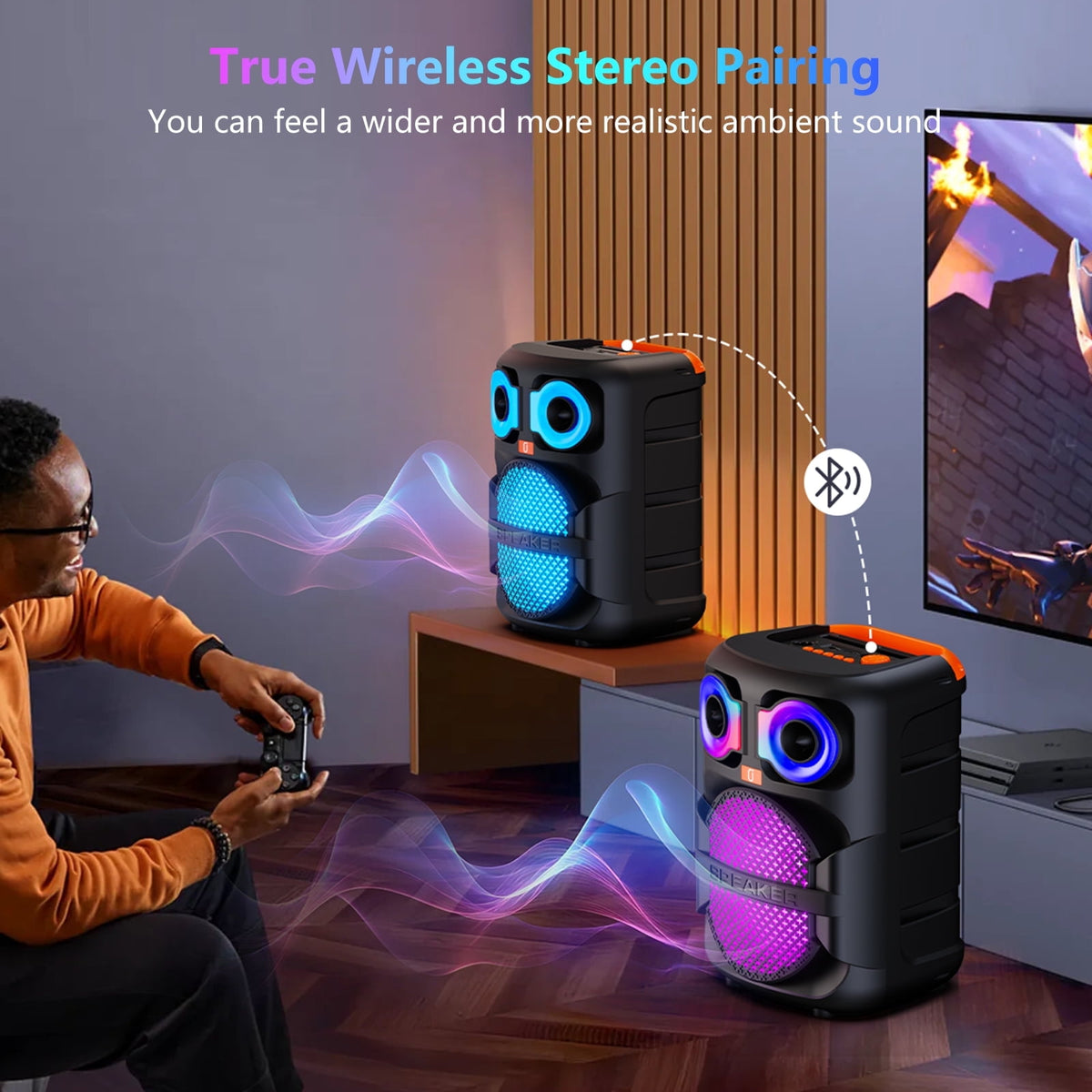 FanFun Bluetooth Speaker, Portable Party Speaker with 2 Microphones, LED Light, Deep Bass, T28-T