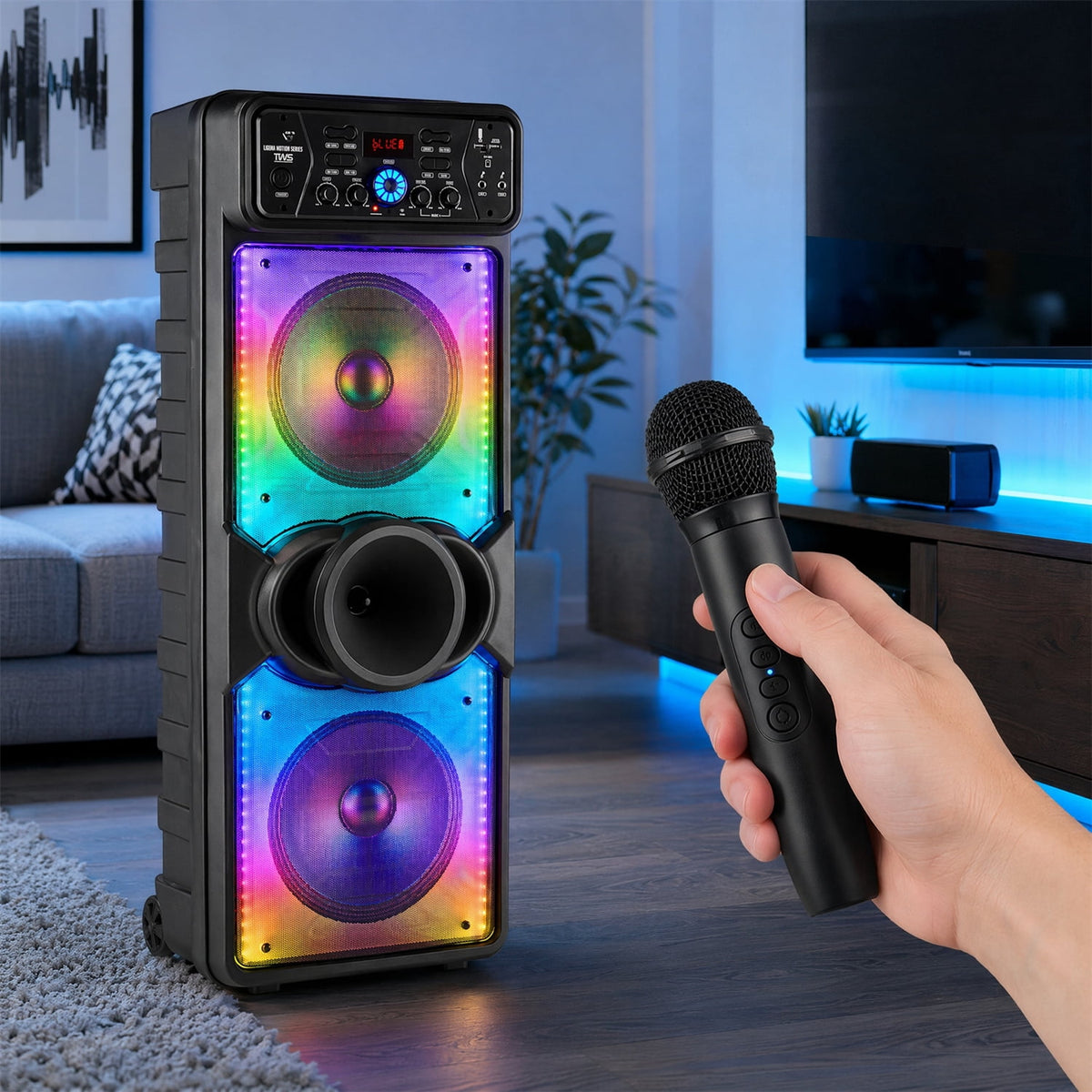 Dazone Dual 10" Bluetooth Speaker High Powered Rechagreable Wireless PA System Subwoofer Tweeter With AUX Microphone Karaoke LED Lights