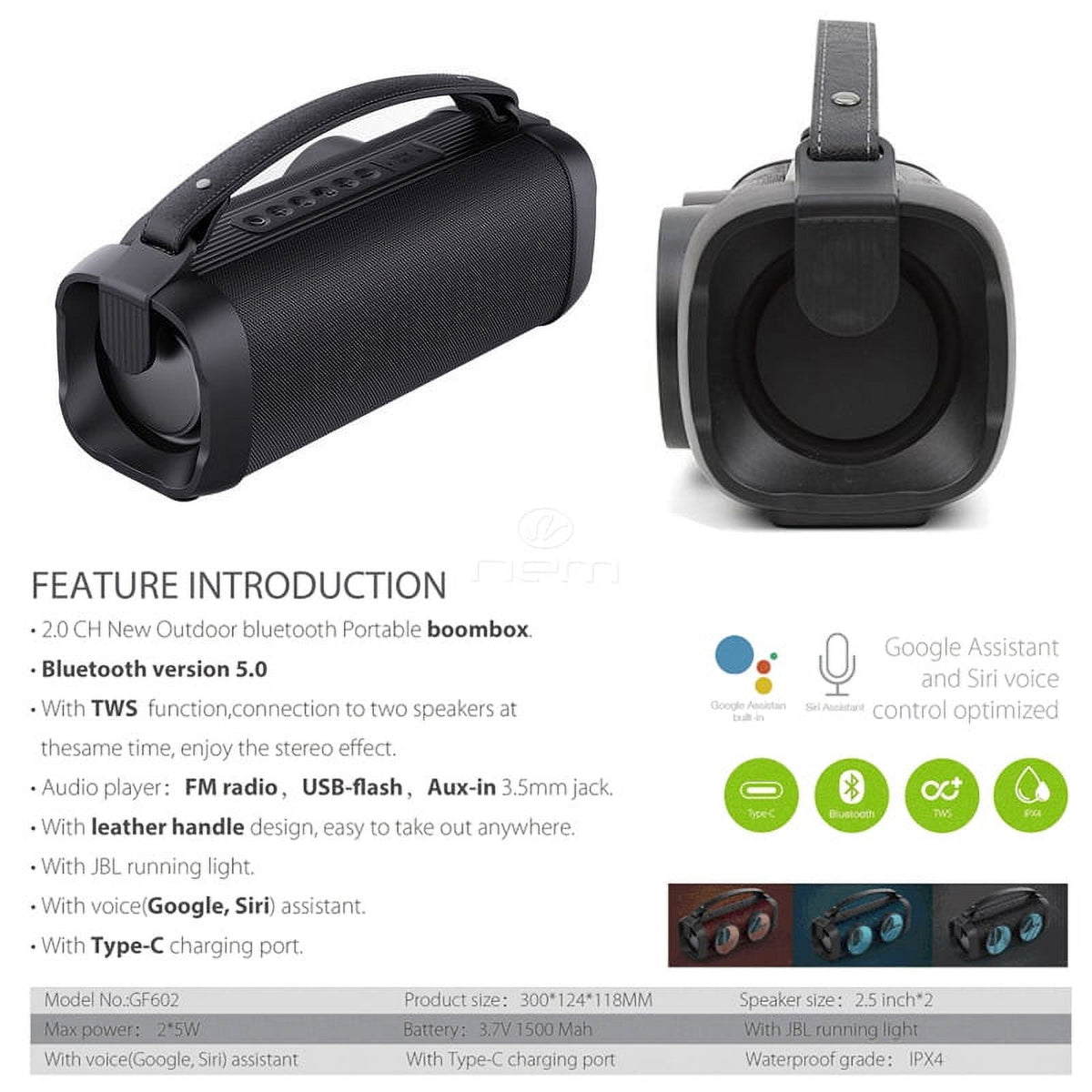 For Universal Outdoor Waterproof 2.5" Woofer Portable Boombox Wireless Bluetooth Stereo with Light Speaker Red