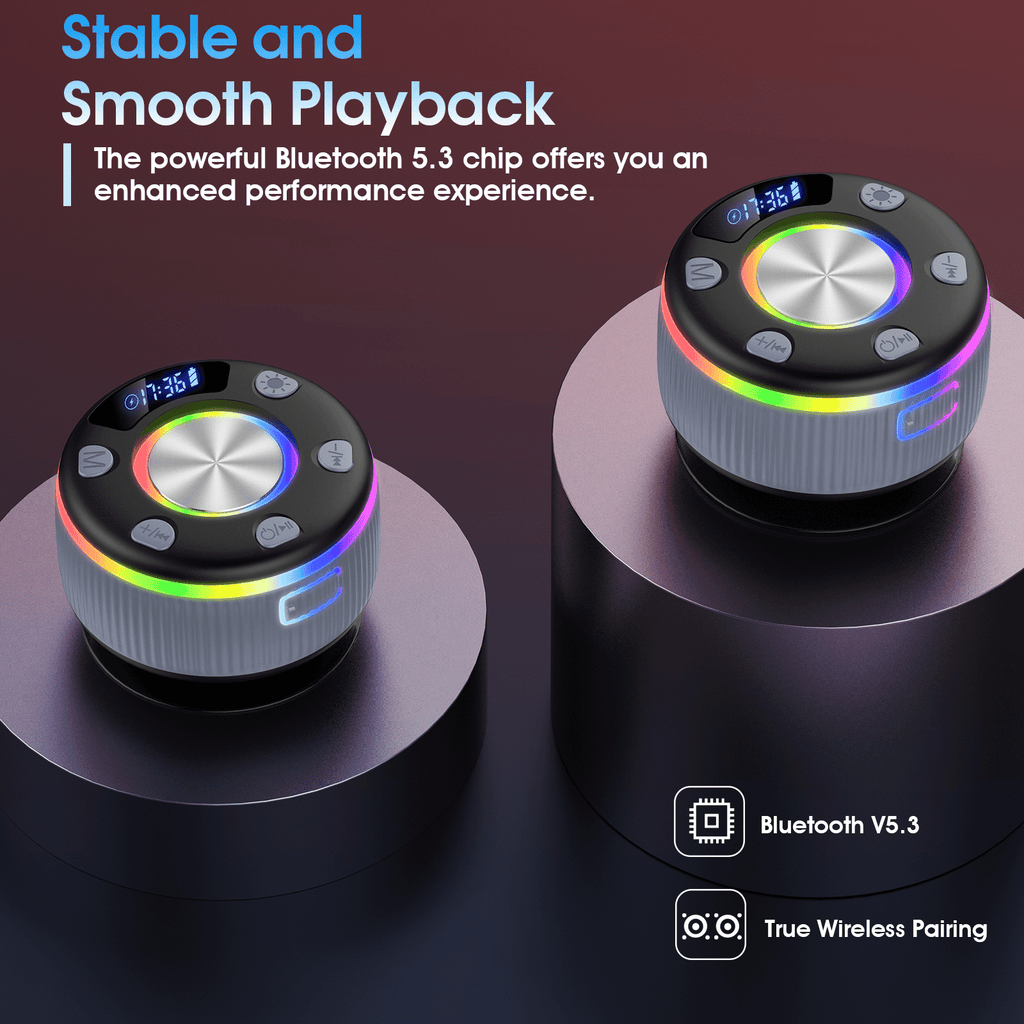 Bluetooth Shower Speaker, IPX7 Waterproof Wireless Speaker with Suction Cup, Time & Battery Display, Hands-Free Calls, 8–15H Playtime, 360° Sound Portable Mini Speaker for Bathroom and Travel