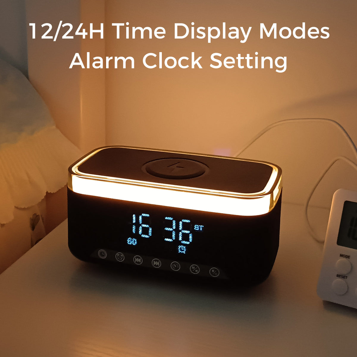 10W Bluetooth Stereo Speaker-Alarm Clock, Wireless Charging, RGB light