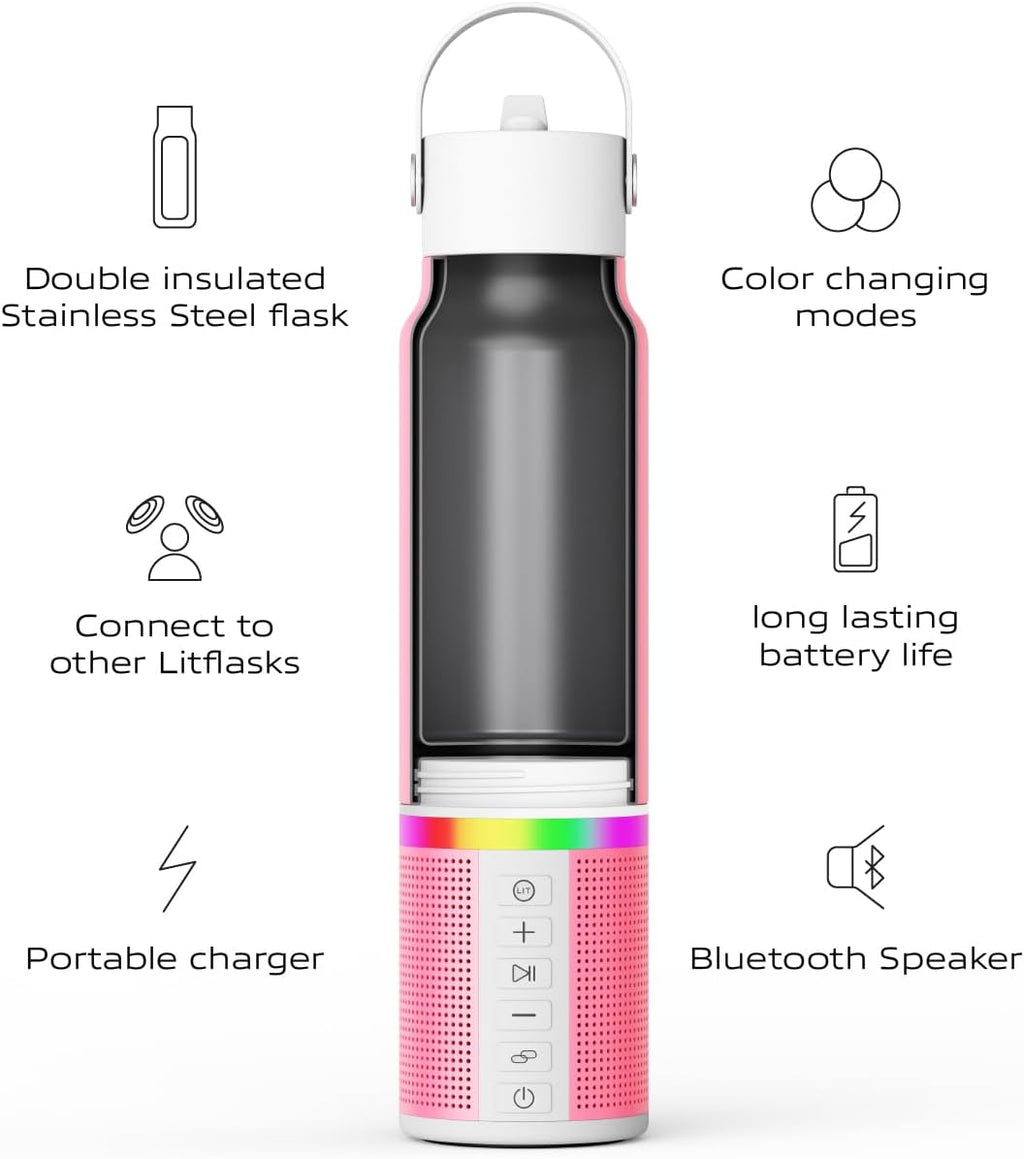 LITFLASK Smart Water Bottle with Premium Bluetooth Speaker, White, Portable Charger, LED Light, Stainless Steel, Mix & Match Colors, 20oz - Oprah's Favorite Things 2024