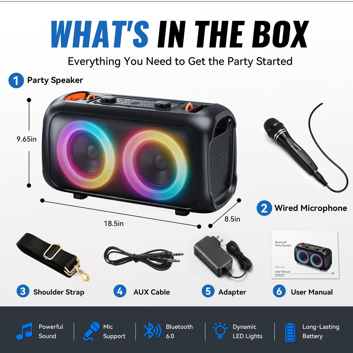 FRESHDEW Big Bluetooth Speakers with Microphone, Outdoor Party Speaker with Tws and EQ Control Aux Usb