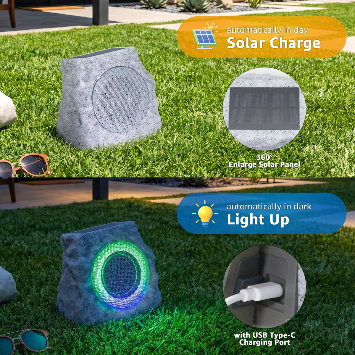 NiceBuy 2-Pack 8.1" Bluetooth Rock Speakers, Powerful Sound Solar Outdoor Wireless TWS Stereo Speaker with RGB Colorful LED Light for Indoor Outside Patio Garden