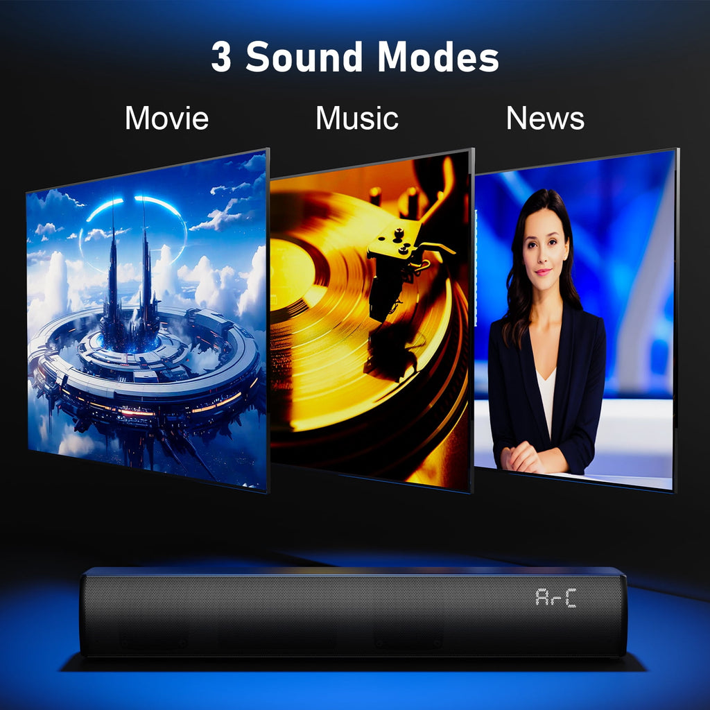 Wireless Bluetooth Sound Bar for Smart TV, 2.0 Channel Home Theater Speaker System with HDMI ARC/Optical/AUX/USB, Surround Sound Audio Bar for TV, PC, Gaming and Projector, 3 EQ Modes, Black
