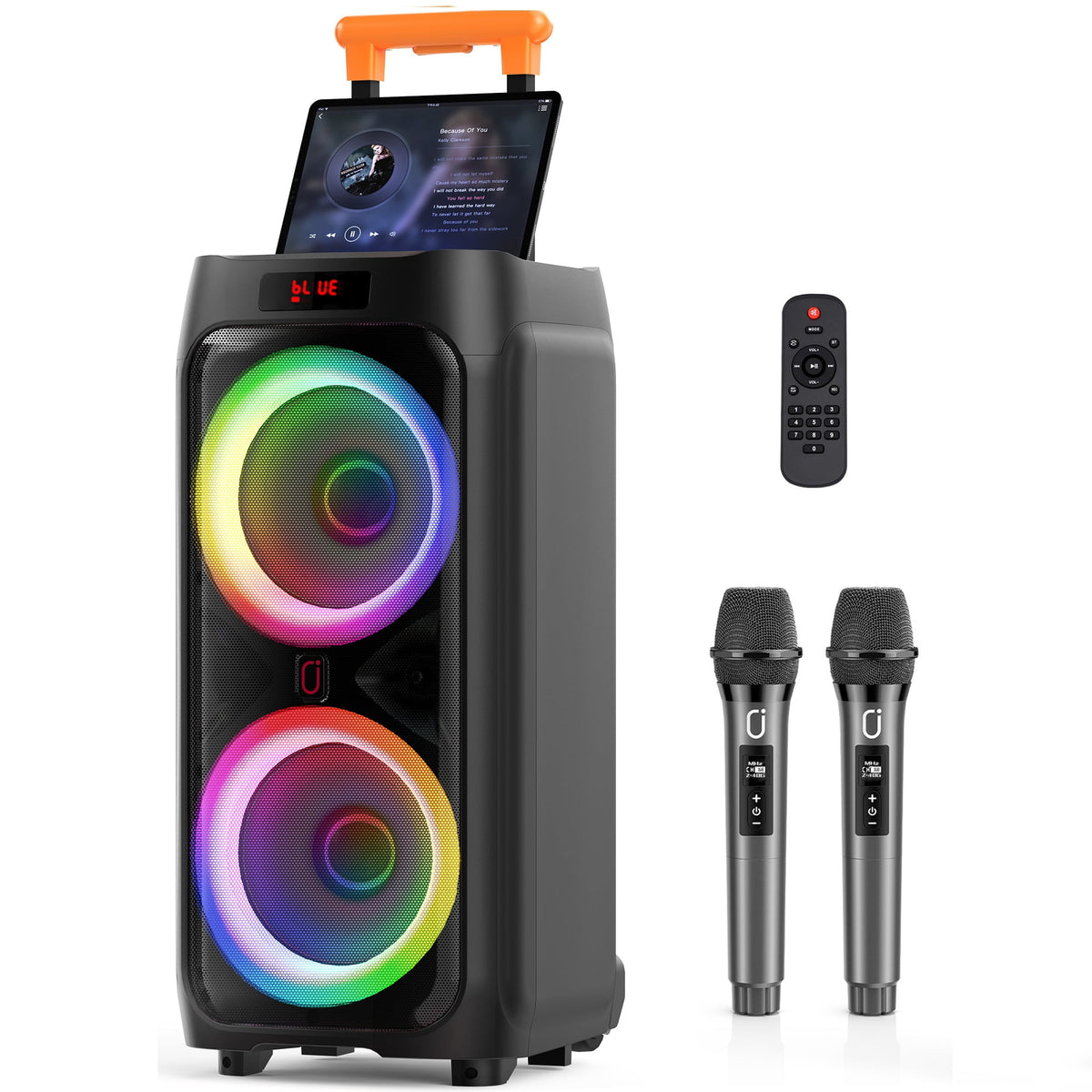 FanFun Portable Bluetooth Speaker with Microphones, Party Speaker with Lights, Remote Control, Powerful Loudspeaker, AUX Input, FM, REC