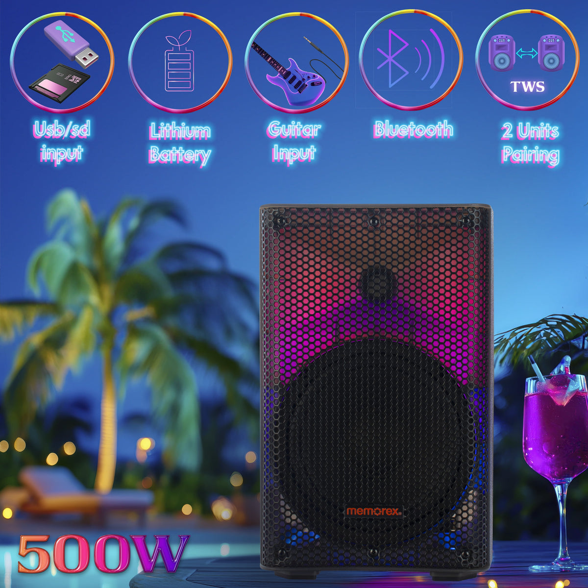Memorex MX-PS801 8-Inch PA Speaker with Translucent Cabinet | 500W PMPO, Bluetooth | TWS Pairing, LED Lighting | 50W RMS Bi-Amp, USB & SD Playback | Microphone Input, Portable Design