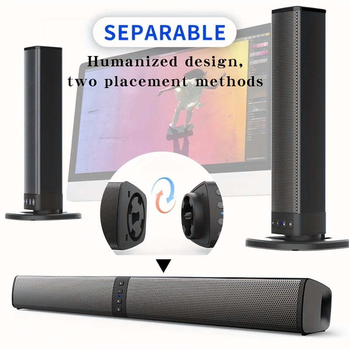 Stereo Bar Speaker for Smart TVs, 2-in-1 Wireless Subwoofer, Home Theater System, Bass Enhancement, Supports TF/AUX/FM/RCA/TWS, 2000mAh Battery, for DVD/TV/PC/Phone/Games