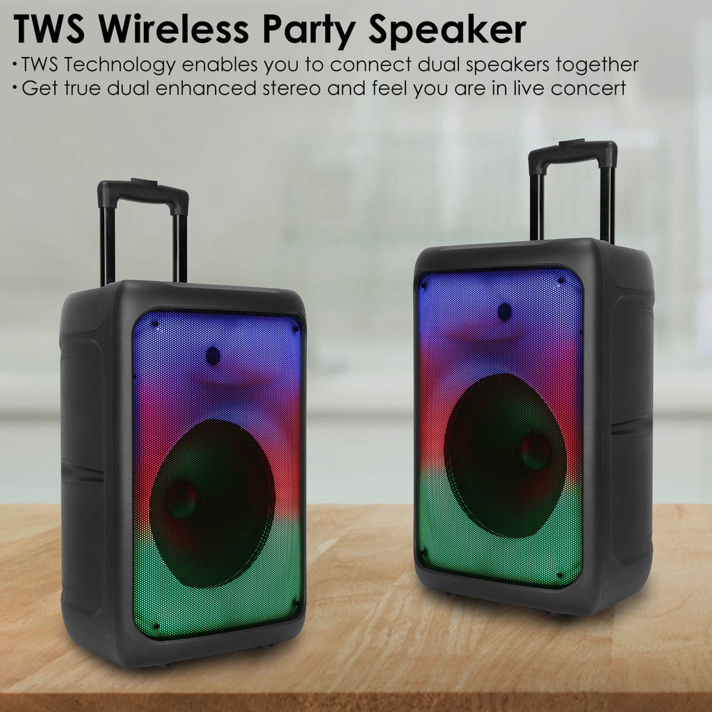 Portable Wireless Speakers with Lights & Remote Control, TWS FM USB MMC Slot Aux In Recording Mic for Outdoor Party