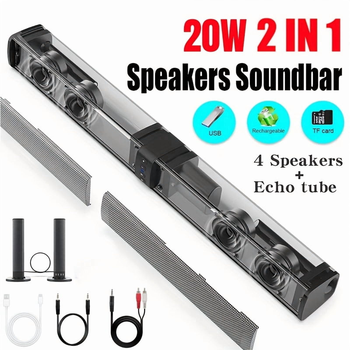 Stereo Bar Speaker for Smart TVs, 2-in-1 Wireless Subwoofer, Home Theater System, Bass Enhancement, Supports TF/AUX/FM/RCA/TWS, 2000mAh Battery, for DVD/TV/PC/Phone/Games