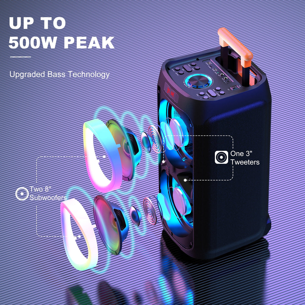 FanFun Portable Bluetooth Speaker with Microphones, Party Speaker with Lights, Remote Control, Powerful Loudspeaker, AUX Input, FM, REC