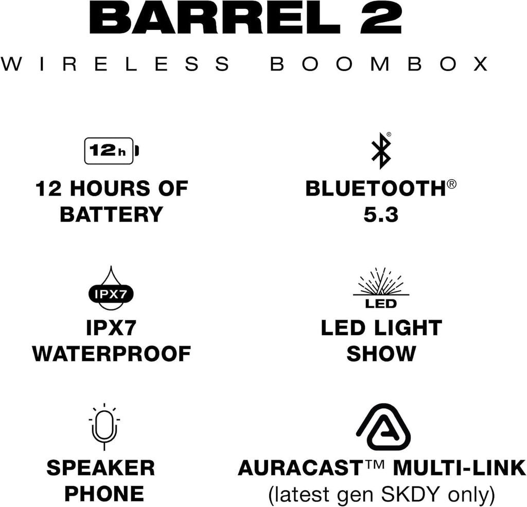 Skullcandy Barrel Bluetooth Boombox Party Speaker, Water-Resistant Portable Speaker, LED Lightshow Mode, 12 Hour Battery, Multi-Link